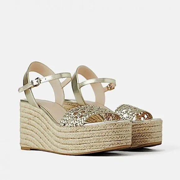 Zara Braided Gold Platform Wedge Esapadrille - Picture 11 of 12